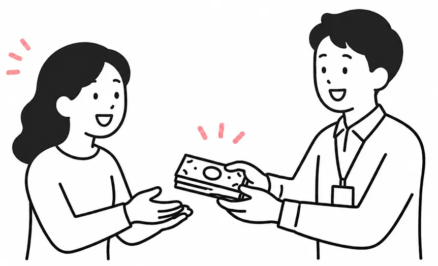 お客様へ丁寧に買取金額をお渡しするスタッフのイラスト